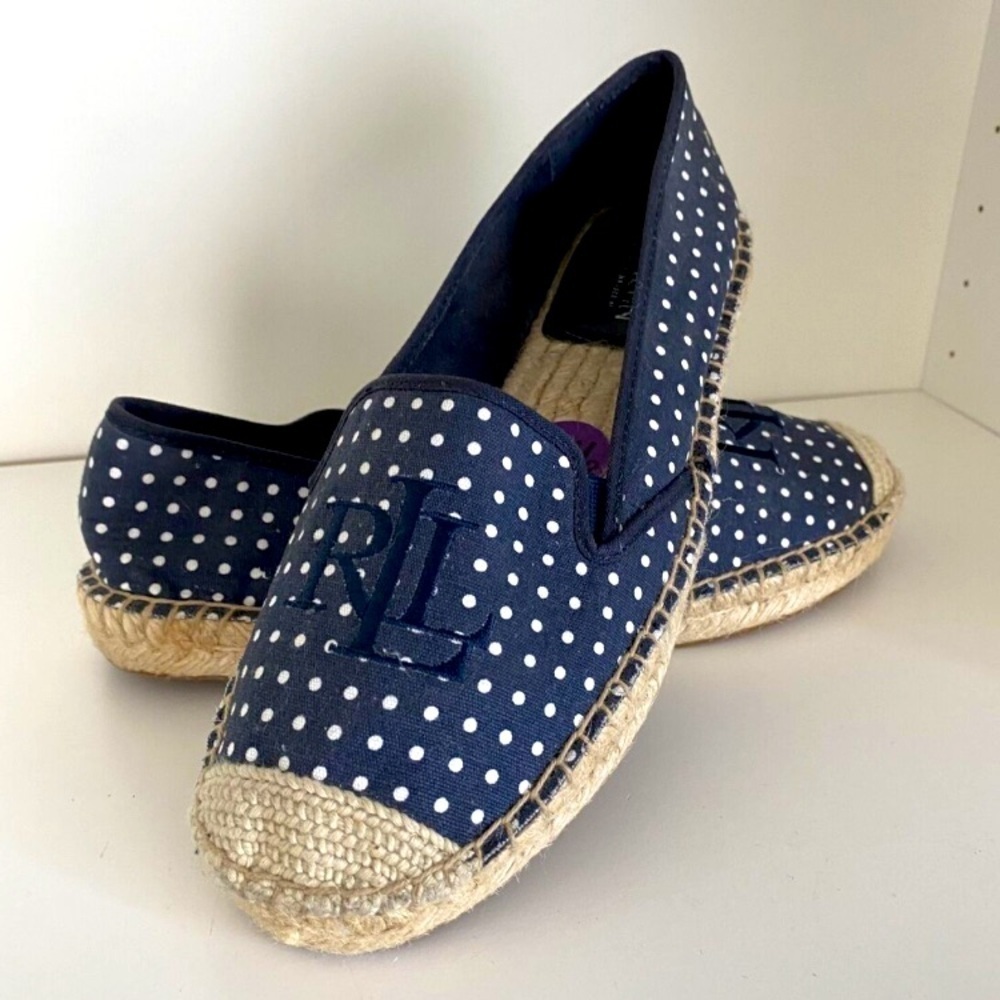 Ralph Lauren Navy Polka Dot Espadrilles Cristi 6.5 preppy classic boho fall